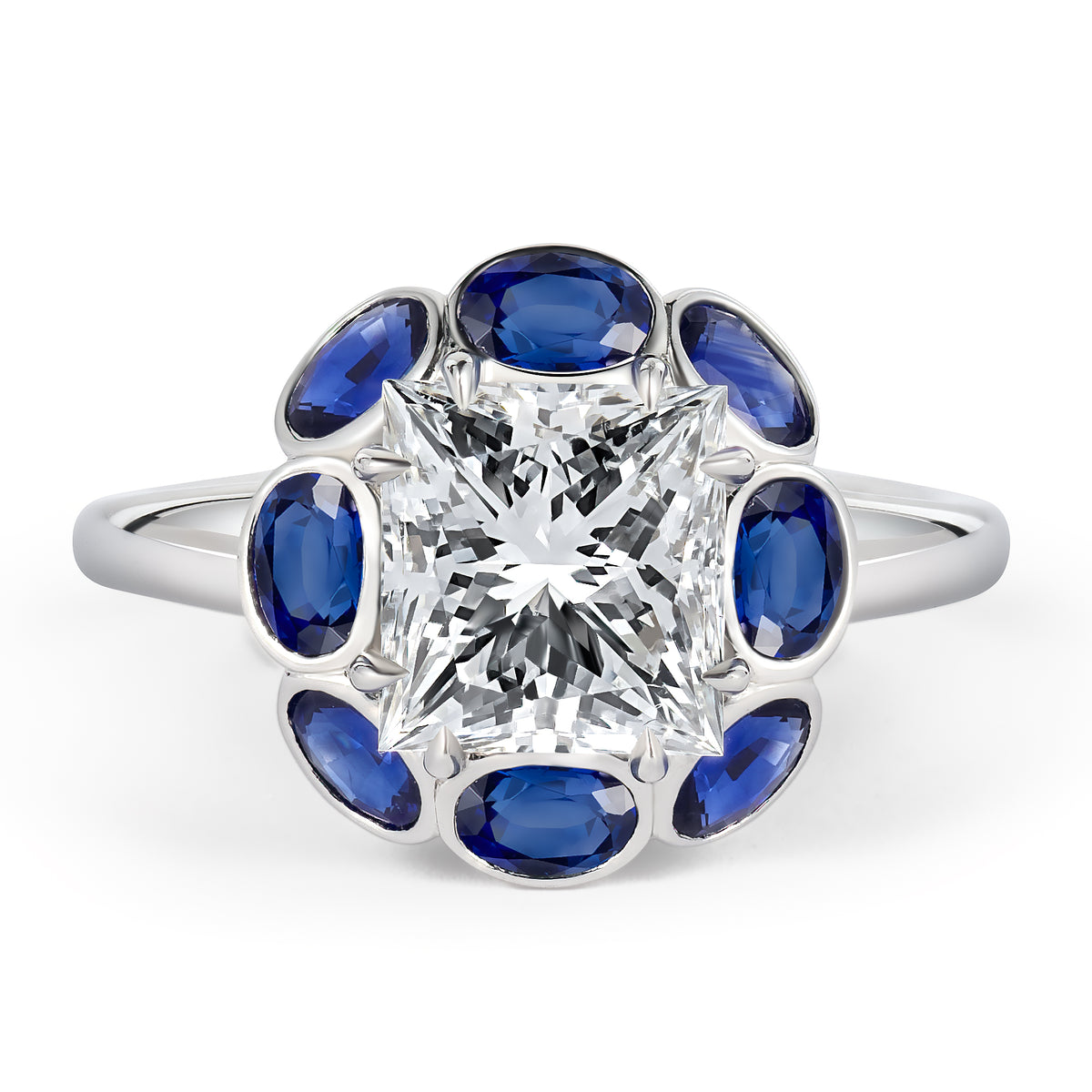 BESPOKE PRINCESS CUT ALORA RING WITH CEYLON SAPPHIRES